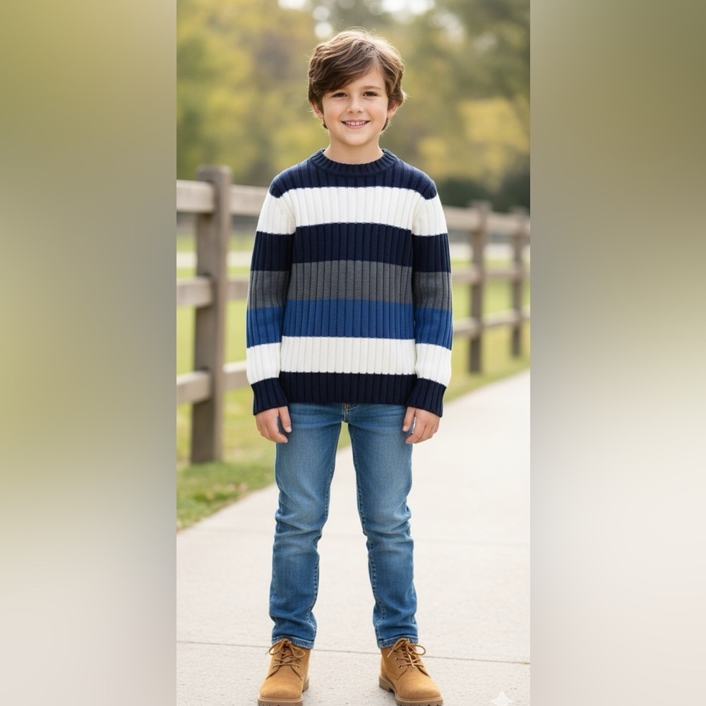 The Children’s Place Boys Blue Gray White Striped Ribbed Sweater Medium (7/8)
